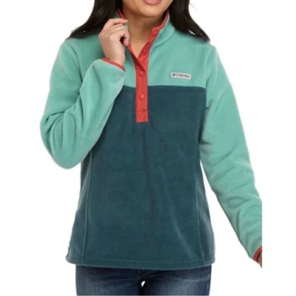 Columbia Women's Half Snap Fleece Pullover Sz Small Green Colorblock Coral EUC
